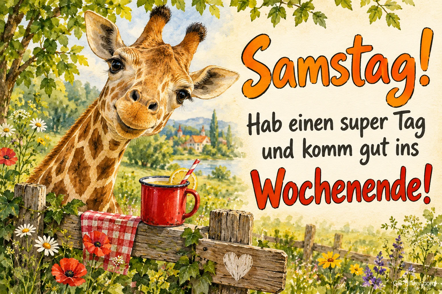 Grinsende Giraffe über einem Gartenzaun mit roter Tasse, Text: Samstag! – Hab einen super Tag und komm gut ins Wochenende!