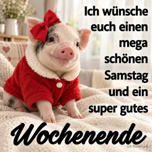 Ferkel mit roter Schleife und rotem Mantel auf einer Decke, Text: Ich wünsche euch einen mega schönen Samstag und ein super gutes Wochenende
