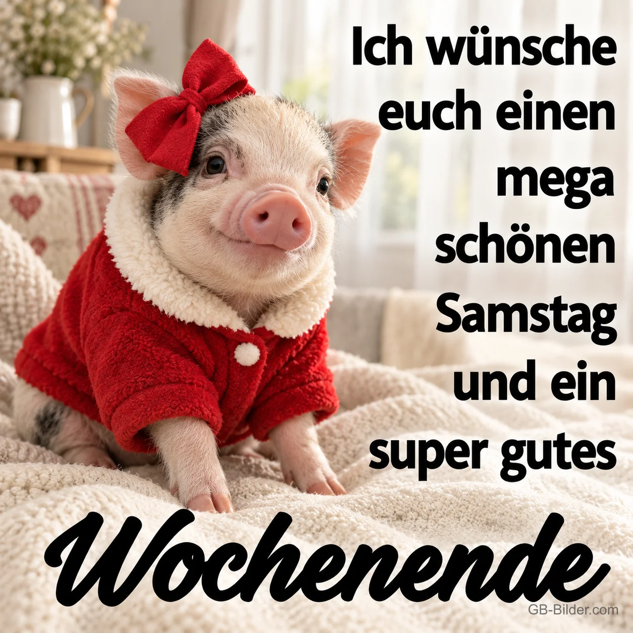 Ferkel mit roter Schleife und rotem Mantel auf einer Decke, Text: Ich wünsche euch einen mega schönen Samstag und ein super gutes Wochenende