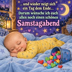 Baby schläft lächelnd neben einem Eimer voller Herzen und Sterne, Text: ... und wieder neigt sich ein Tag dem Ende... Darum wünsche ich euch allen noch einen schönen Samstagabend