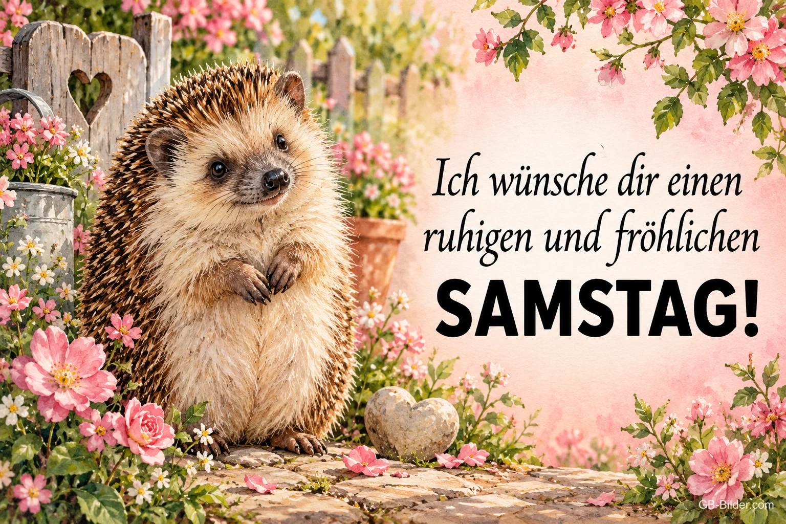 Igel sitzt zwischen rosa Blumen im Garten, Text: Ich wünsche dir einen ruhigen und fröhlichen – SAMSTAG!