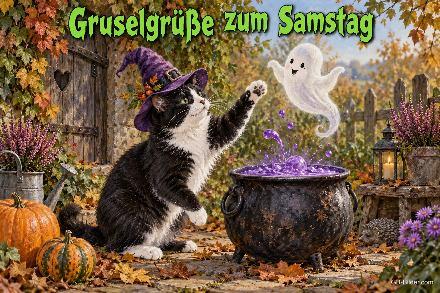 Katze mit Hexenhut am brodelnden Kessel, Gespenst und Kürbisse, Text: Gruselgrüße zum Samstag