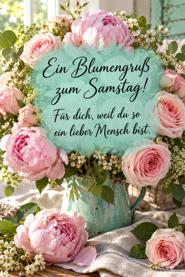 Strauß aus rosa Rosen und Pfingstrosen in einer Kanne, Text: Ein Blumengruß zum Samstag! – Für dich, weil du so ein lieber Mensch bist.