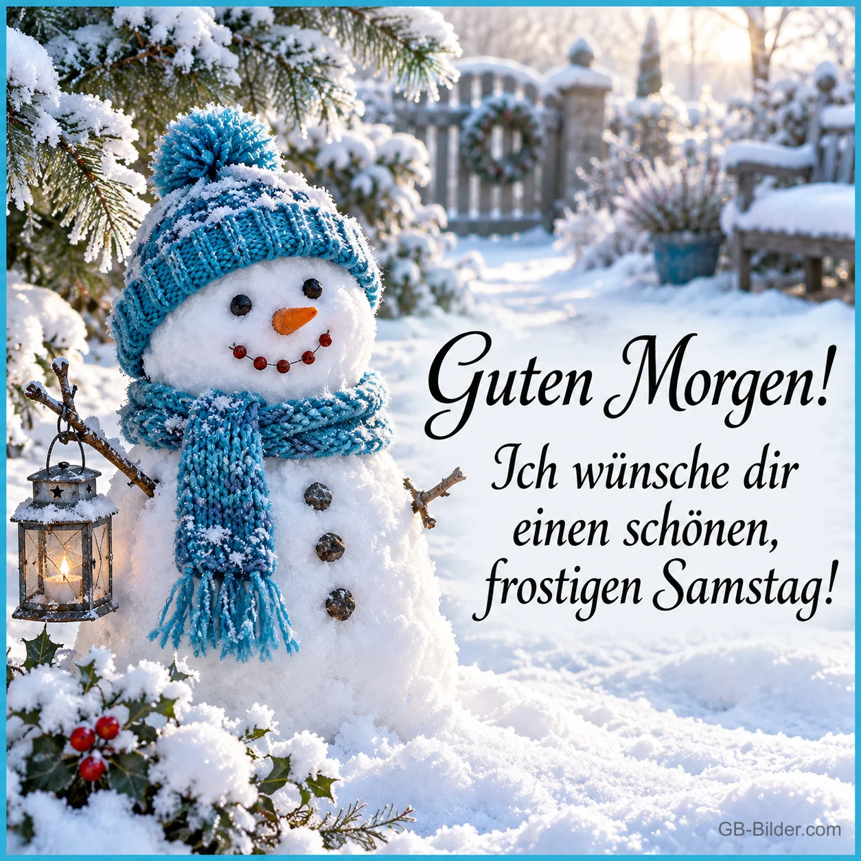 Schneemann mit blauer Mütze und Laterne im verschneiten Garten, Text: Guten Morgen! – Ich wünsche dir einen schönen, frostigen Samstag!