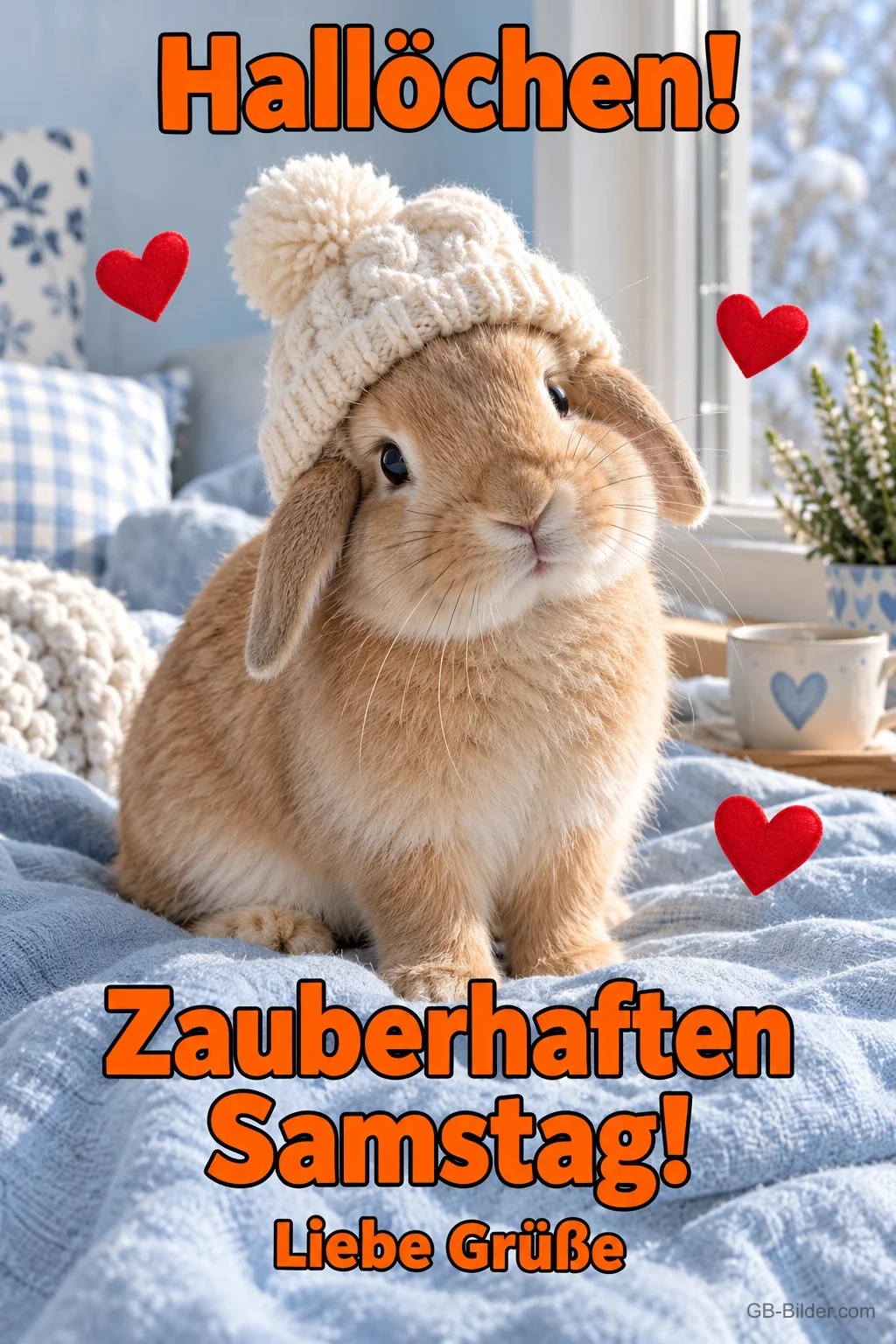 Häschen mit Strickmütze auf einer Decke, rote Herzen, Text: Hallöchen! – Zauberhaften Samstag! Liebe Grüße