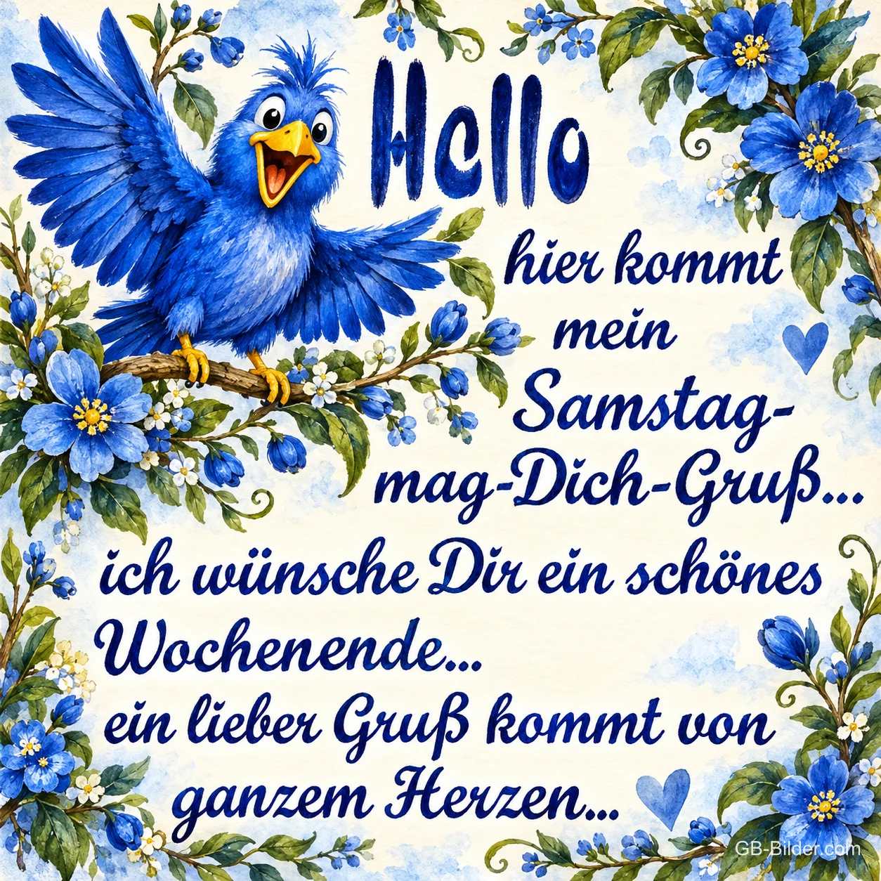 Blauer Vogel breitet die Flügel zwischen blauen Blumen aus, Text: Hallo hier kommt mein Samstag-mag-Dich-Gruß... ich wünsche Dir ein schönes Wochenende... ein lieber Gruß kommt von ganzem Herzen... Blauer Vogel breitet die Flügel zwischen blauen Blumen aus, Text: Hallo hier kommt mein Samstag-mag-Dich-Gruß... ich wünsche Dir ein schönes Wochenende... ein lieber Gruß kommt von ganzem Herzen...