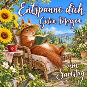 Eichhörnchen mit Strohhut liest im Liegestuhl zwischen Sonnenblumen, Text: Entspanne dich – Guten Morgen am Samstag