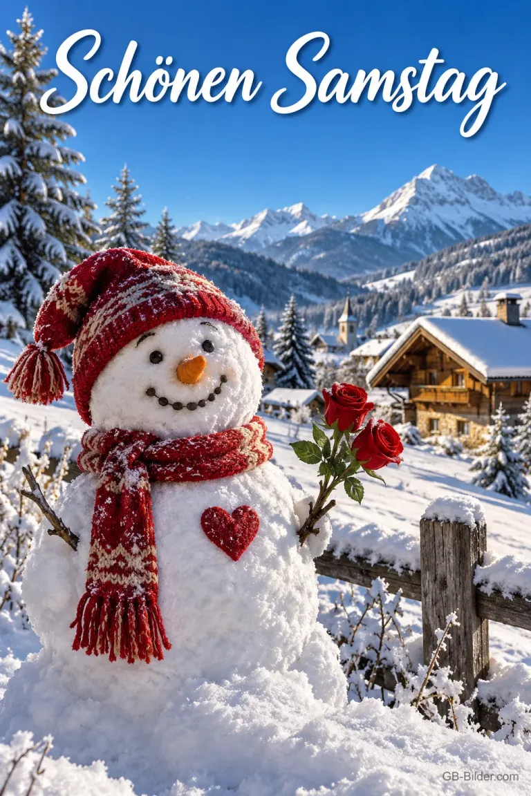 Schneemann mit Rosen, Text: Schönen Samstag