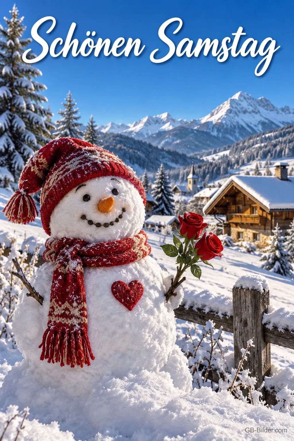 Schneemann mit Rosen, Text: Schönen Samstag