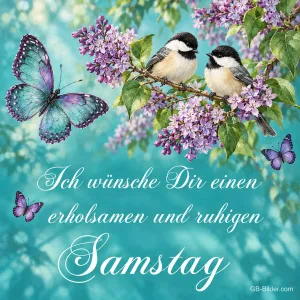 Meisen auf Fliederzweigen, Text: Ich wünsche Dir einen erholsamen und ruhigen Samstag
