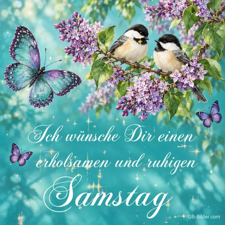 Meisen auf Fliederzweigen, Text: Ich wünsche Dir einen erholsamen und ruhigen Samstag