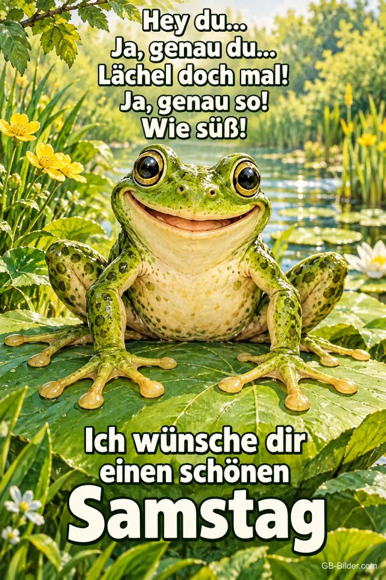 Lächelnder Frosch sitzt auf einem Seerosenblatt, Text: Hey du... Ja, genau du... Lächel doch mal! Ja, genau so! Wie süß! Ich wünsche dir einen schönen Samstag