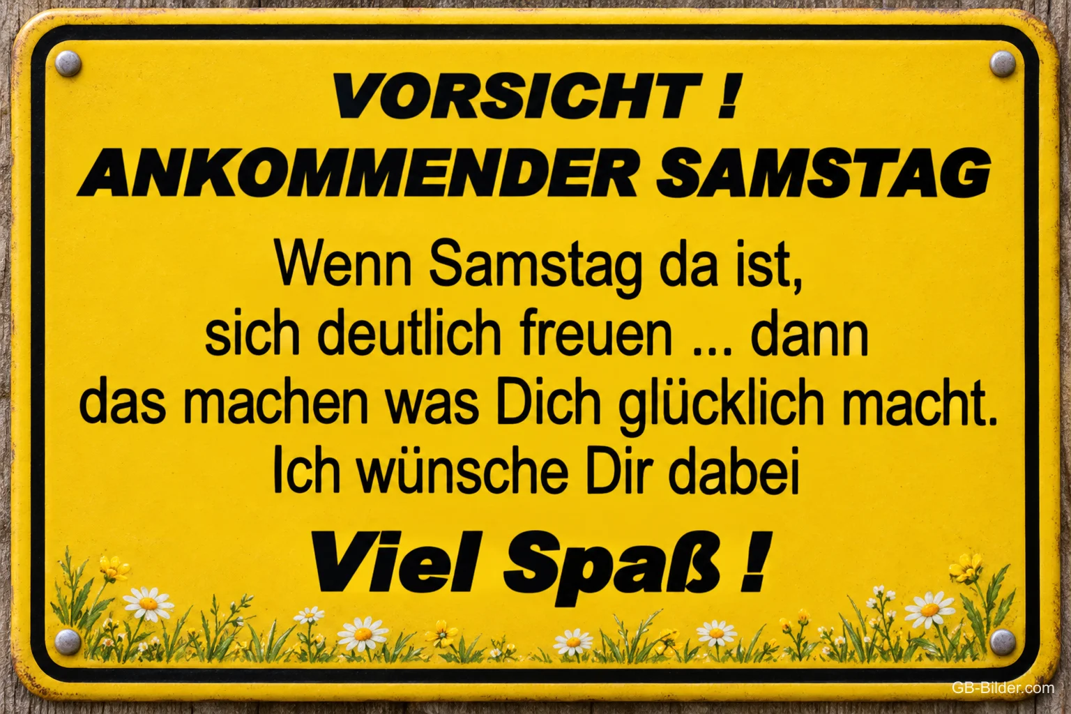 Gelbes Warnschild, Text: Vorsicht! Ankommender Samstag. Viel Spaß! Gelbes Warnschild, Text: Vorsicht! Ankommender Samstag. Viel Spaß!