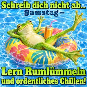 Frosch liegt entspannt in einem bunten Schwimmring im Pool, Text: Schreib dich nicht ab... Samstag – Lern Rumlümmeln und ordentliches Chillen!