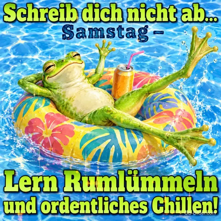 Frosch liegt entspannt in einem bunten Schwimmring im Pool, Text: Schreib dich nicht ab... Samstag – Lern Rumlümmeln und ordentliches Chillen!