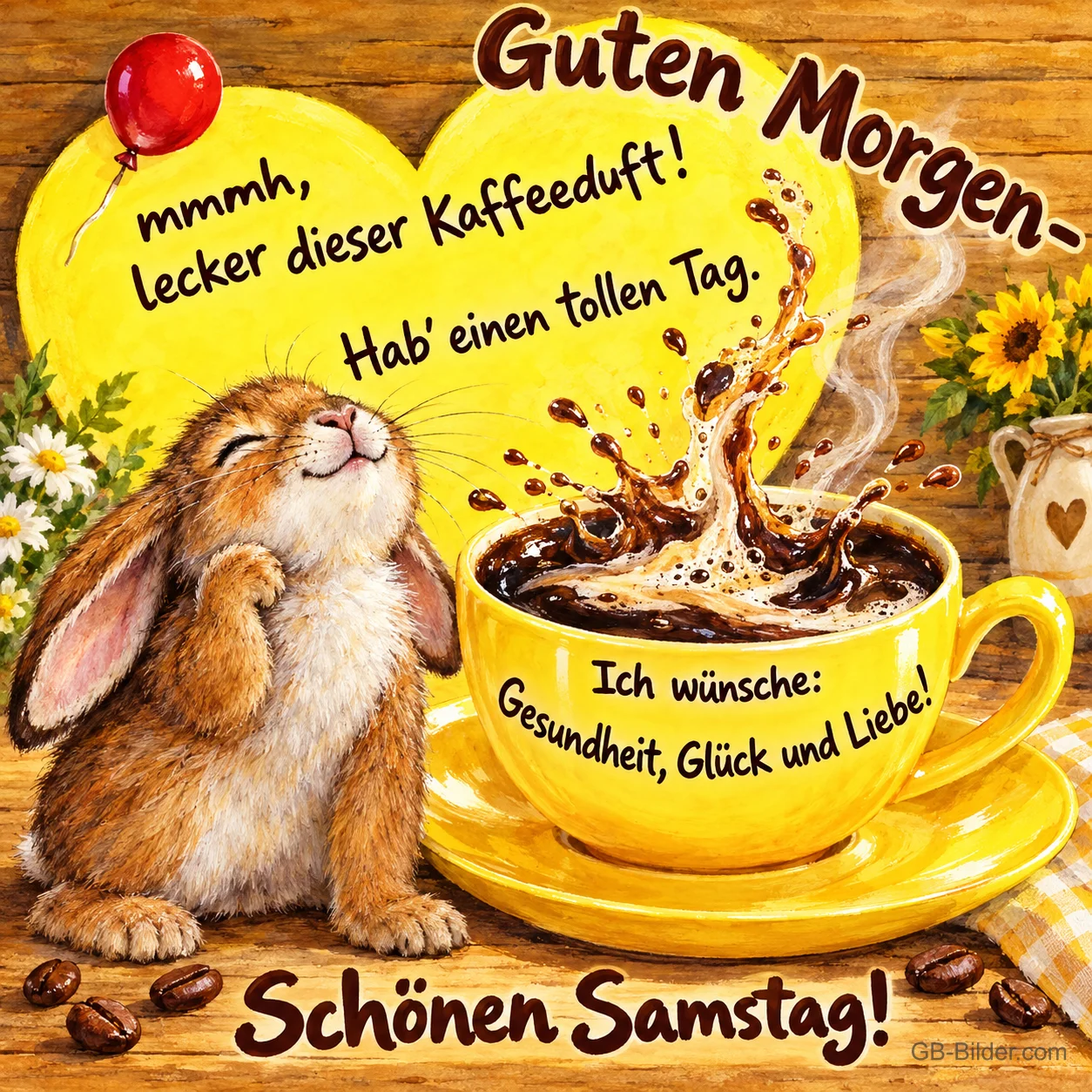 Hase schnuppert genüsslich an einer gelben Kaffeetasse vor einem Herz, Text: Guten Morgen – mmmh, lecker dieser Kaffeeduft! Hab' einen tollen Tag. Ich wünsche: Gesundheit, Glück und Liebe! Schönen Samstag! Hase schnuppert genüsslich an einer gelben Kaffeetasse vor einem Herz, Text: Guten Morgen – mmmh, lecker dieser Kaffeeduft! Hab' einen tollen Tag. Ich wünsche: Gesundheit, Glück und Liebe! Schönen Samstag!