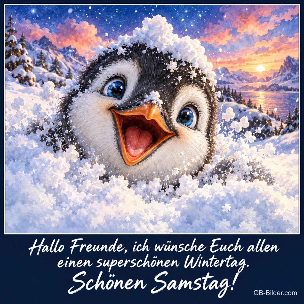 Pinguinküken schaut lachend aus dem Schnee, Text: Hallo Freunde, ich wünsche Euch allen einen superschönen Wintertag. Schönen Samstag!