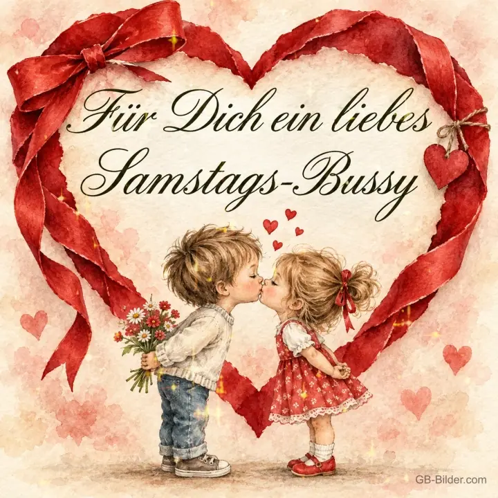 Kinder geben sich ein Küsschen, Text: Für Dich ein liebes Samstags-Bussy