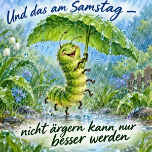 Raupe mit Blattschirm tanzt fröhlich im Regen, Text: Und das am Samstag – nicht ärgern kann nur besser werden
