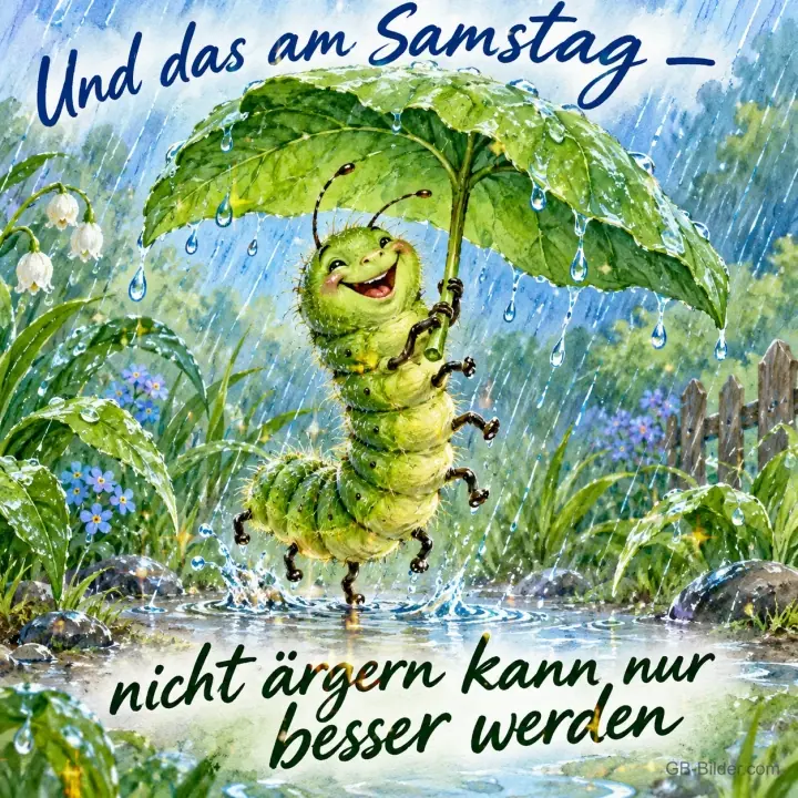 Raupe mit Blattschirm tanzt fröhlich im Regen, Text: Und das am Samstag – nicht ärgern kann nur besser werden