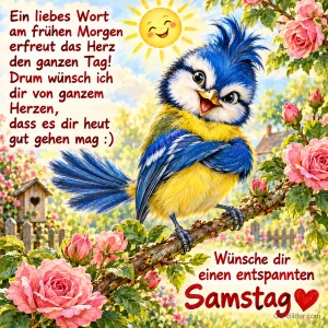 Zerzauste Blaumeise auf einem Zweig zwischen Rosen, Text: Ein liebes Wort am frühen Morgen erfreut das Herz den ganzen Tag! Drum wünsch ich dir von ganzem Herzen, dass es dir heut gut gehen mag :) Wünsche dir einen entspannten Samstag