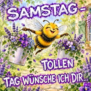 Biene trägt zwei Eimer mit lila Blumen, Text: SAMSTAG – TOLLEN TAG WÜNSCHE ICH DIR...