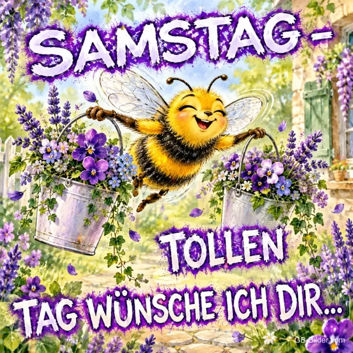 Biene trägt zwei Eimer mit lila Blumen, Text: SAMSTAG – TOLLEN TAG WÜNSCHE ICH DIR...