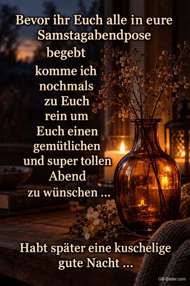 Glasvase mit Kerzen am Abend, Text: Bevor ihr Euch alle in eure Samstagabendpose begebt komme ich nochmals