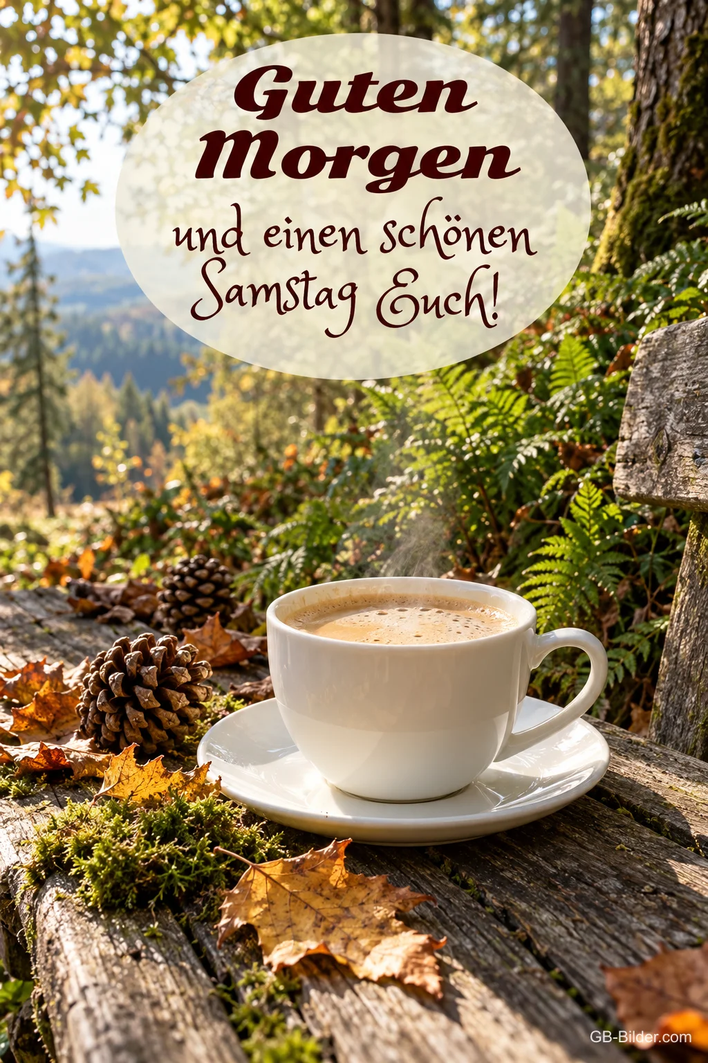 Cappuccino im Herbstwald, Text: Guten Morgen und einen schönen Samstag Euch