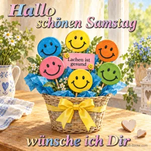 Korb mit Smiley-Lollis, Text: Hallo schönen Samstag wünsche ich Dir
