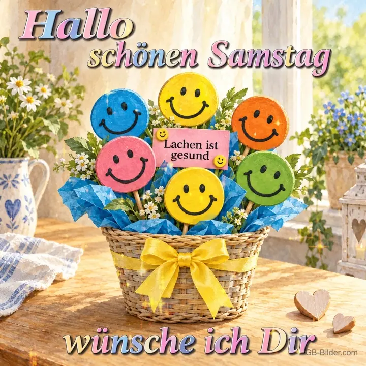 Korb mit Smiley-Lollis, Text: Hallo schönen Samstag wünsche ich Dir Korb mit Smiley-Lollis, Text: Hallo schönen Samstag wünsche ich Dir