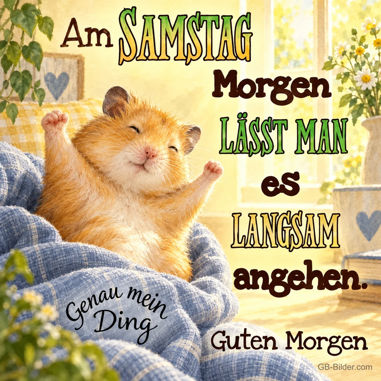 Gähnender Hamster im Bett, Text: Am SAMSTAG Morgen LÄSST MAN es LANGSAM angehen