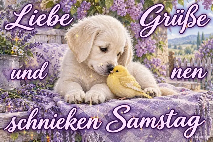 Welpe mit Kanarienvogel, Text: Liebe Grüße und nen schnieken Samstag