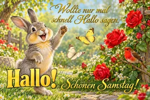 Hase winkt fröhlich zwischen roten Rosen und Schmetterlingen, Text: Hallo! Wollte nur mal schnell Hallo sagen. Schönen Samstag!