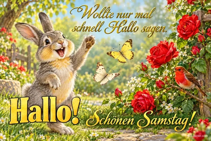 Hase winkt fröhlich zwischen roten Rosen und Schmetterlingen, Text: Hallo! Wollte nur mal schnell Hallo sagen. Schönen Samstag!