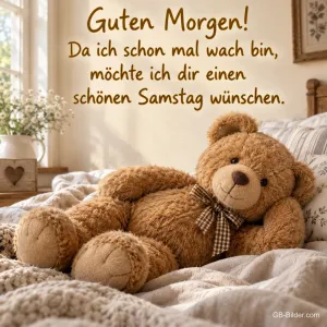 Teddybär auf dem Bett, Text: Guten Morgen