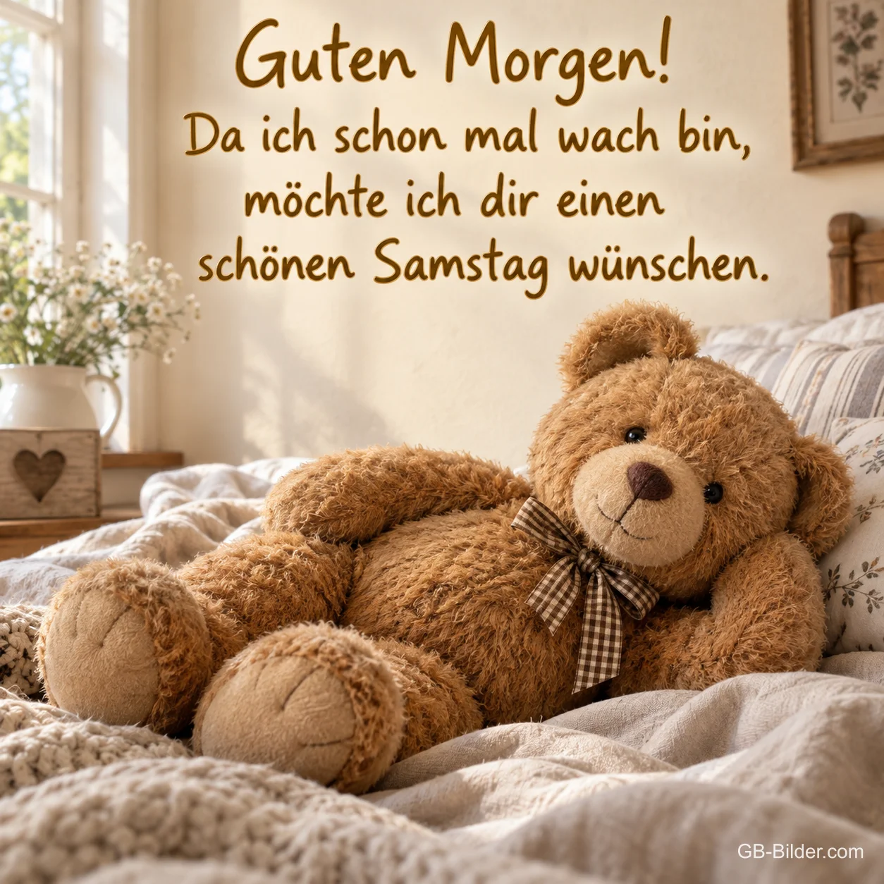 Teddybär auf dem Bett, Text: Guten Morgen
