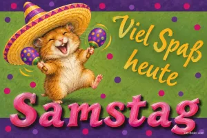 Hamster mit Sombrero tanzt mit Maracas, Text: Viel Spaß heute Samstag