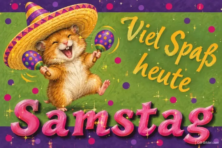 Hamster mit Sombrero tanzt mit Maracas, Text: Viel Spaß heute Samstag