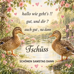 Zwei Stockenten am Teich, lustiger Dialog, Text: hallo wie geht's