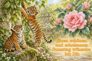 Zwei Tigerbabys spielen an einer Ranke neben rosa Rosen, Text: Einen schönen und erholsamen Samstag wünsche ich Dir.