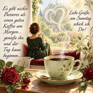 Kaffee am Fenster, Text: Es gibt nichts Besseres als einen guten Kaffee am Morgen