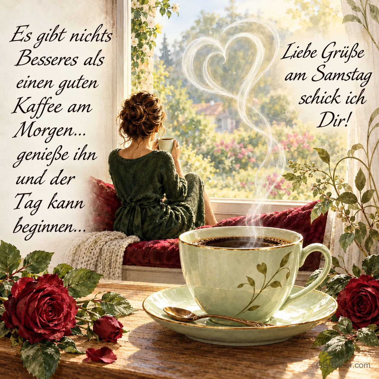 Kaffee am Fenster, Text: Es gibt nichts Besseres als einen guten Kaffee am Morgen