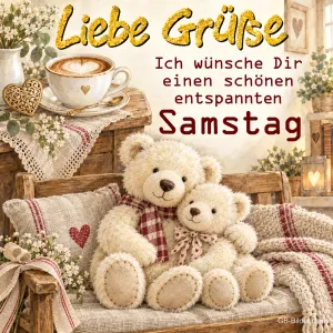 Zwei kuschelnde Teddybären auf einer Bank neben einer Tasse Kaffee, Text: Liebe Grüße – Ich wünsche Dir einen schönen entspannten Samstag