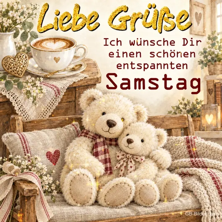 Zwei kuschelnde Teddybären auf einer Bank neben einer Tasse Kaffee, Text: Liebe Grüße – Ich wünsche Dir einen schönen entspannten Samstag