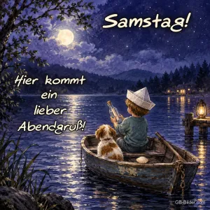 Junge im Boot bei Mondschein, Text: Samstag