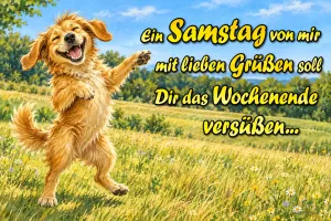 Golden Retriever tanzt fröhlich auf einer Wiese, Text: Ein Samstag von mir mit lieben Grüßen soll Dir das Wochenende versüßen…