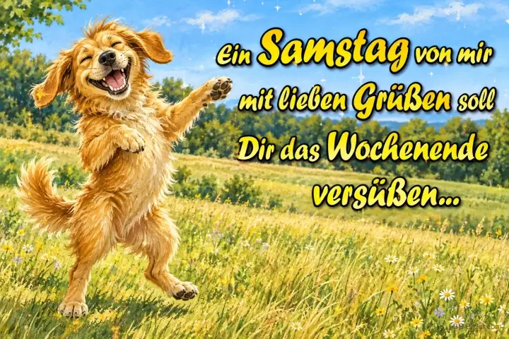 Golden Retriever tanzt fröhlich auf einer Wiese, Text: Ein Samstag von mir mit lieben Grüßen soll Dir das Wochenende versüßen…
