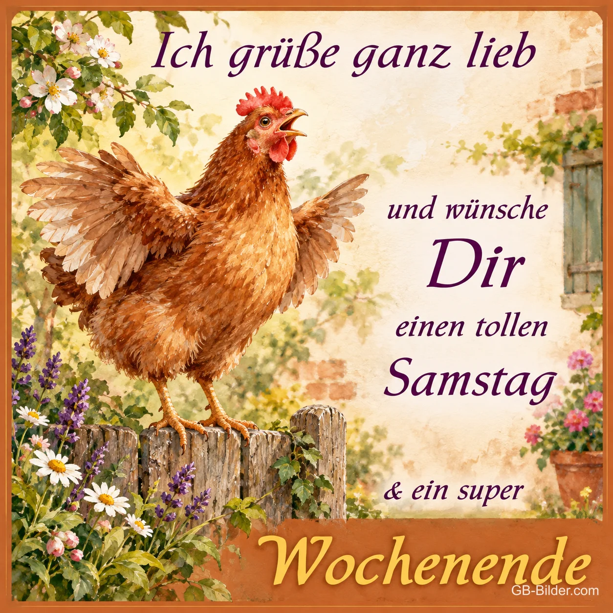 Huhn auf dem Zaun, Text: Ich grüße ganz lieb und wünsche Dir einen tollen Samstag & ein super W Huhn auf dem Zaun, Text: Ich grüße ganz lieb und wünsche Dir einen tollen Samstag & ein super W