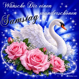 Weißer Schwan zwischen rosa Rosen vor blauem Lichterhintergrund, Text: Wünsche Dir einen wunderschönen Samstag